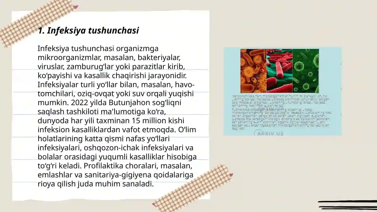 Infeksiya haqida tushuncha. Virulent va patogen mikroorganizmlar. Infeksion kasalliklarni tasnifi va laboratoriya diagnostika usullari 3