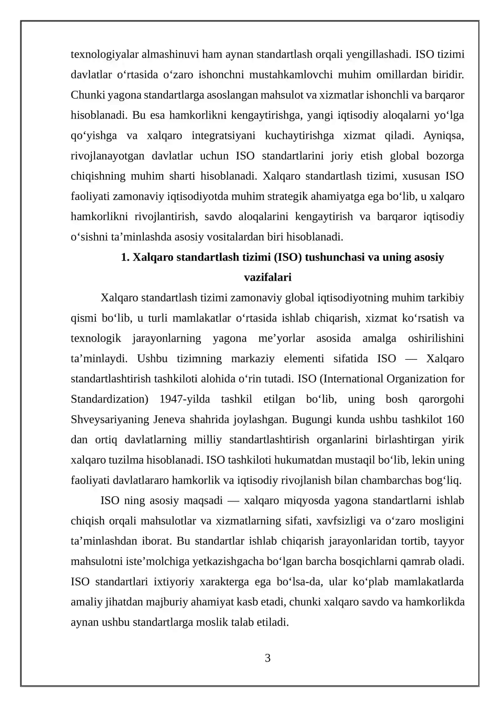 Xalqaro standartlash tizimi (ISO) va uning xalqaro hamkorliklarni rivojlantirishdagi ahamiyati 3