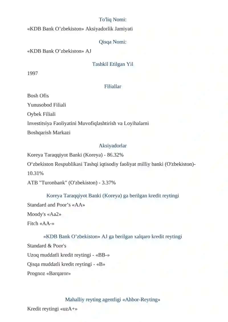 "KDB bank Uzbekistan" AKSIYATORLIK TIJORAT BANKI 3