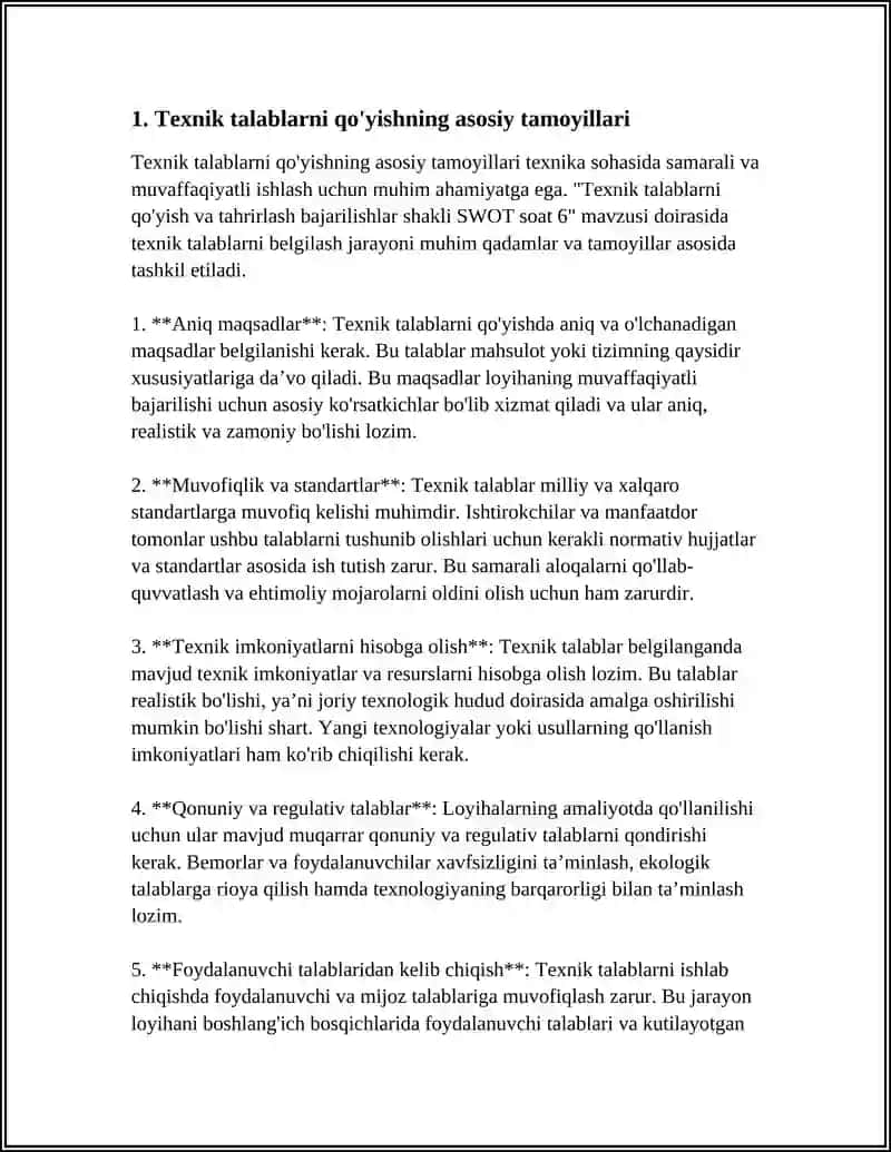 Texnik talablarni qo'oyish va taxrirlash bajarilishlar shakli SWOT soat 6 3