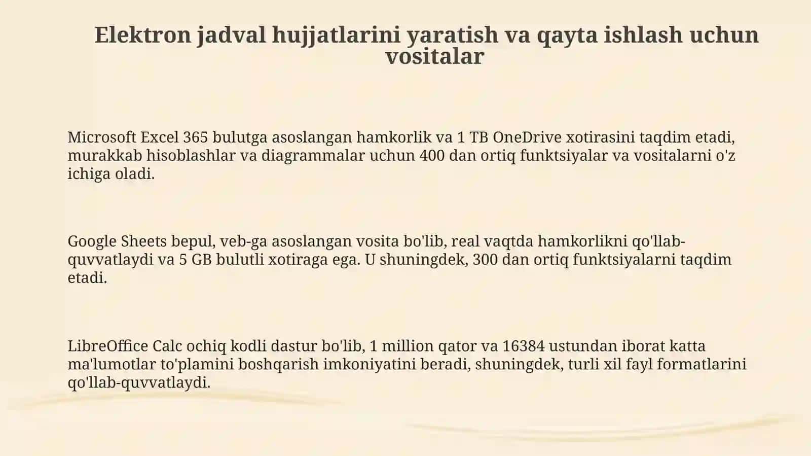 Elektron jadval hujjatlarini yaratish va qayta ishlash vositalari 3