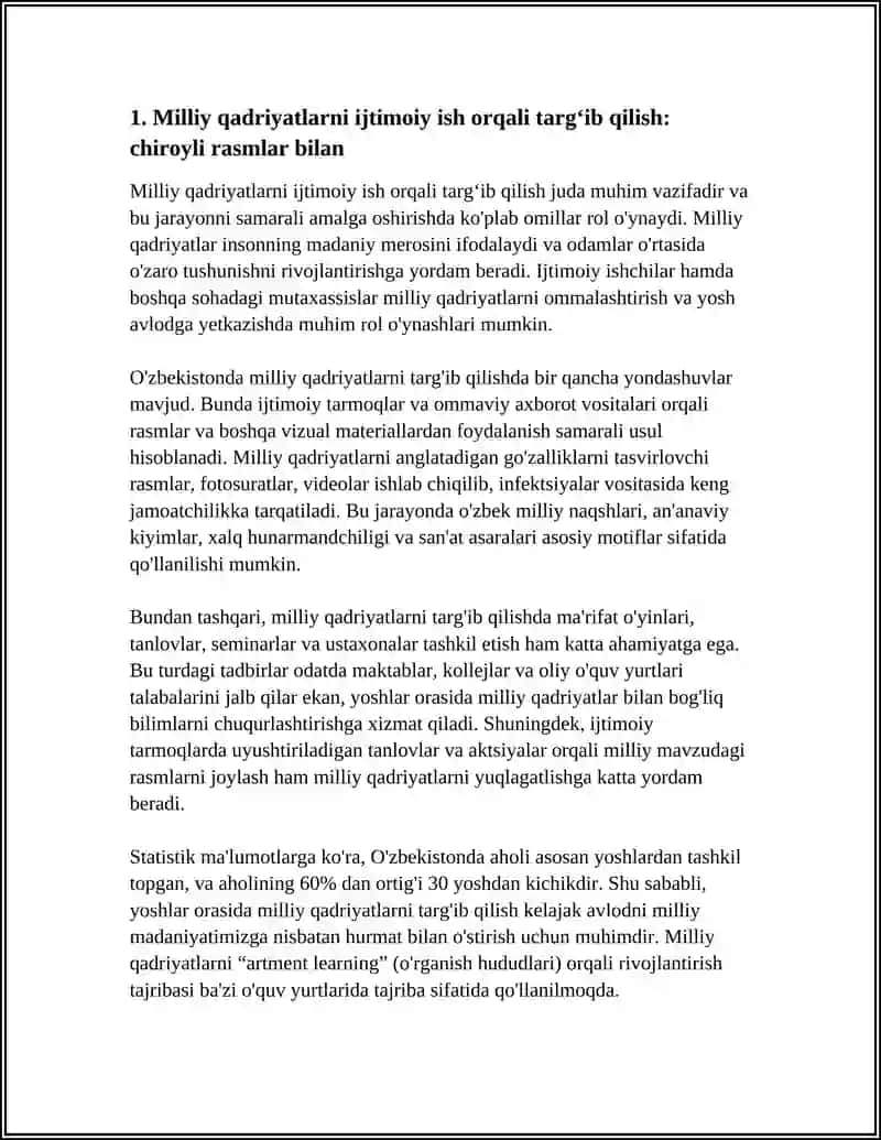 MUSTAQIL ISH Mavzu: MILLIY QADIRYADLAR MAVZUSI IJTIMOIY ISH YOʻNALISHIDA CHIROYLI RASMLAR BN 3