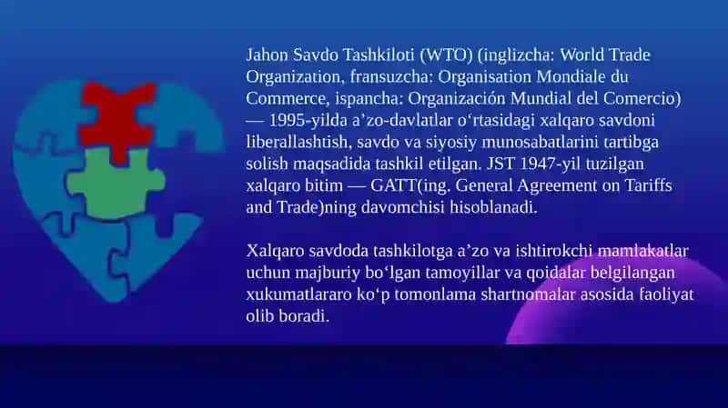 Jahon savdo tashkilotining jahon savdosidagi tutgan o`rni, maqsad va vazifalari 3