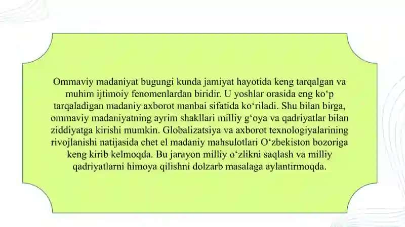 “Ommaviy madaniyat”ning milliy g‘oyaga zidligi, uning oldini olish shart-sharoitlari va omillari 3