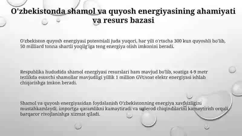 Oʻzbekiston sharoitida shamol va quyosh energiyalaridan foydalanish holatlari 3