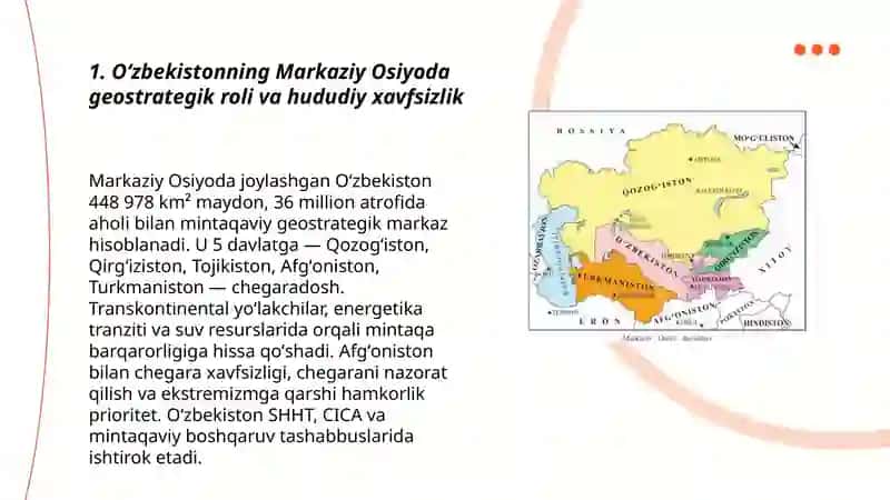 Oʻzbekistonning Markaziy Osiyo tinchlik va barqarorligini taʼminlaydigan oʻrni 3
