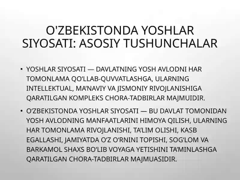 o`zbekistonda yoshlar siyosati va uning ahamiyati.barkamol avlodni tarbiyalashning asosiy yo`nalishlari 3