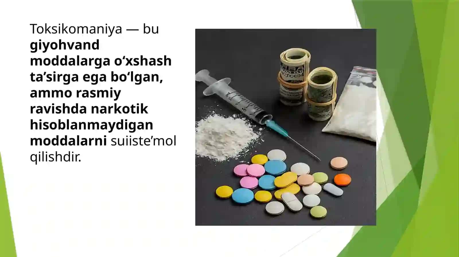 Toksikomaniyahaqidatushuncha.Politoksikomaniya.Toksikomaniyavauniunikeltiribchiqaruvchimoddalar 3