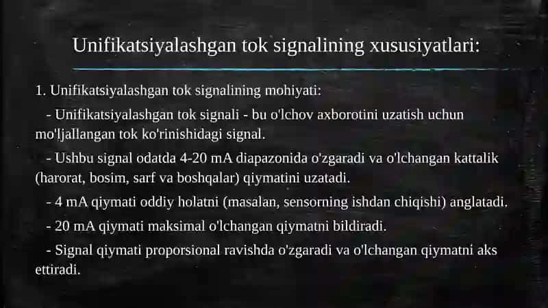 Unifikasiyalashgan tok ko‘rinishidagi chiqish signaliga ega bo‘lgan o‘lchash axborotlarini uzatuvchi elektr tizimning dinamik xususiyatlarini o‘rganish. 3
