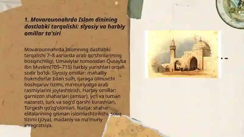 Movarounnahrda islom dinining tarqalishi va madrasa taʼlimi shakllanishining ijtimoiy madaniy hayotiga taʼsiri 3