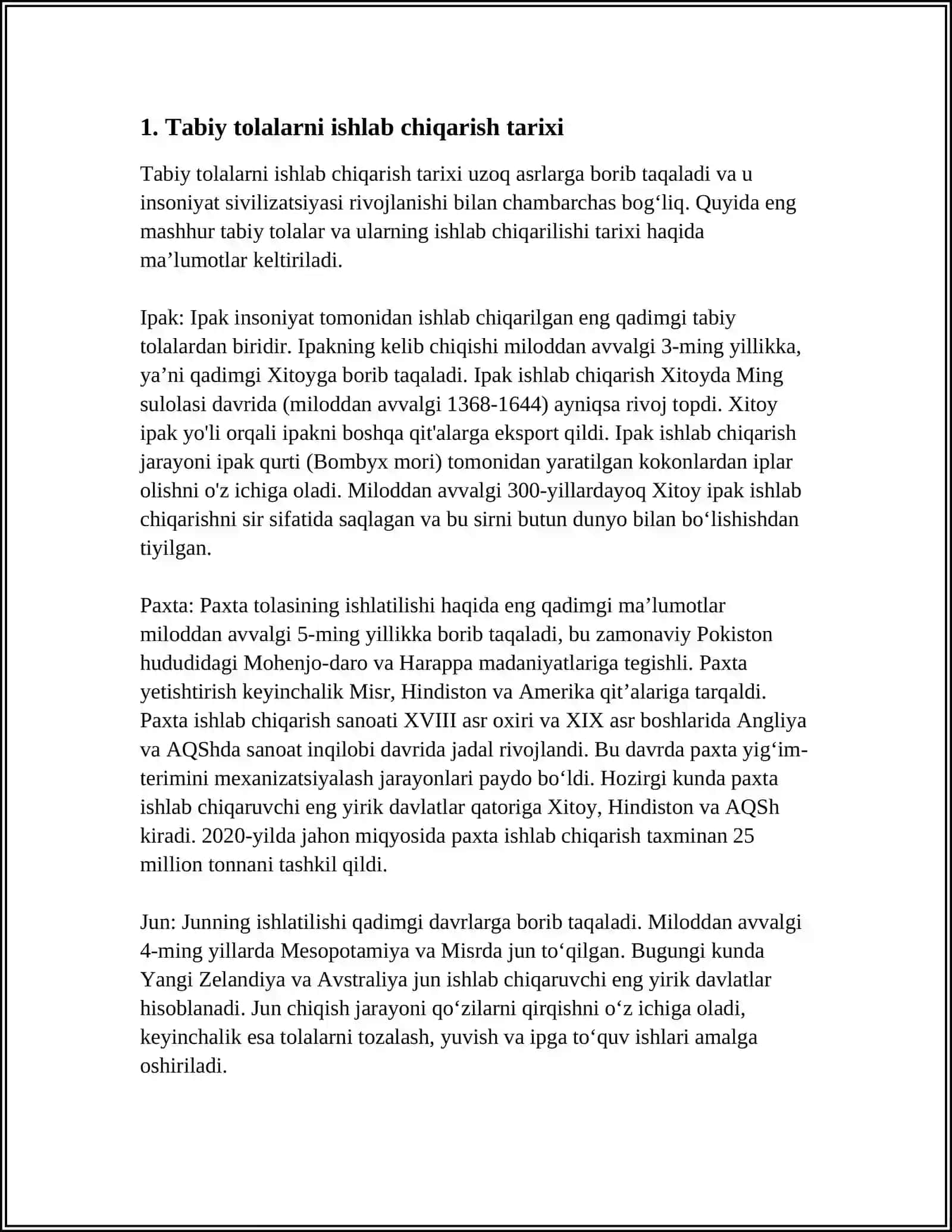TABIIY TOLANI DASTLABKI ISHLASH TEXNOLOGIYASI MUSTAQIL ISH 3