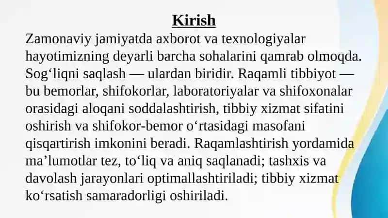 Tibbiyotni raqamlashtirish. Zamonaviy axborot texnologiyalarini tibbiyotda qo‘llanishi 3