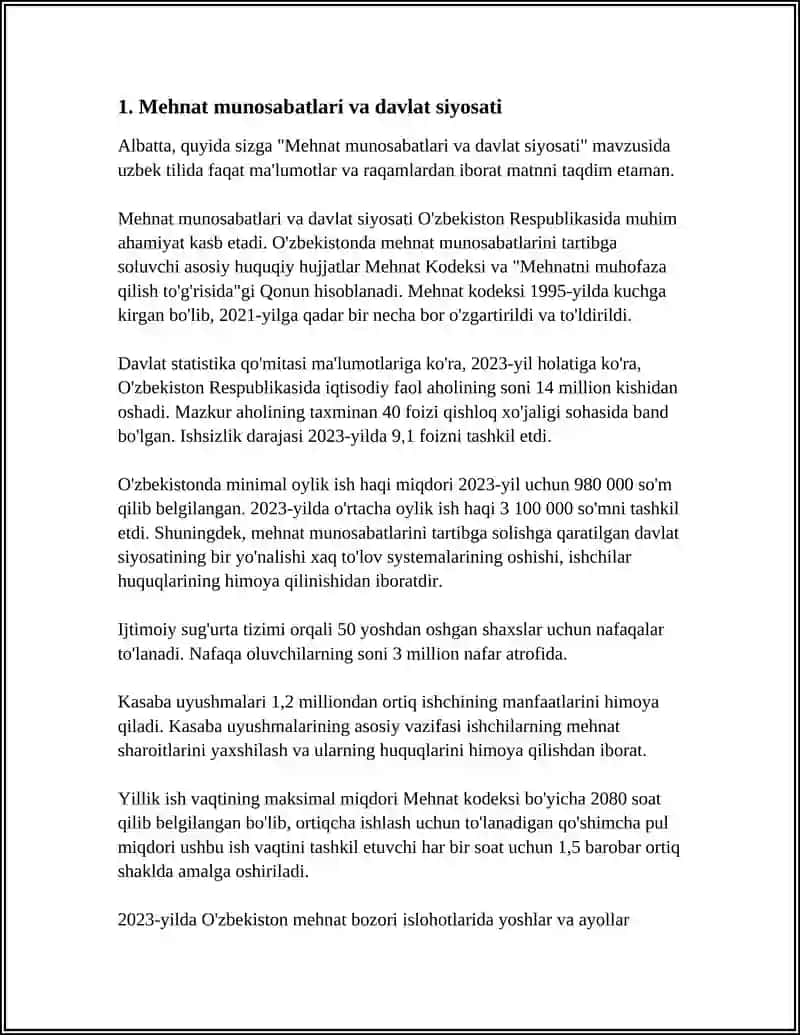 DAVLATNING MEHNAT MUNOSABATLARI, BANDLIK VA AHOLI DAROMADLARI SOHASIDAGI SIYOSATI 3