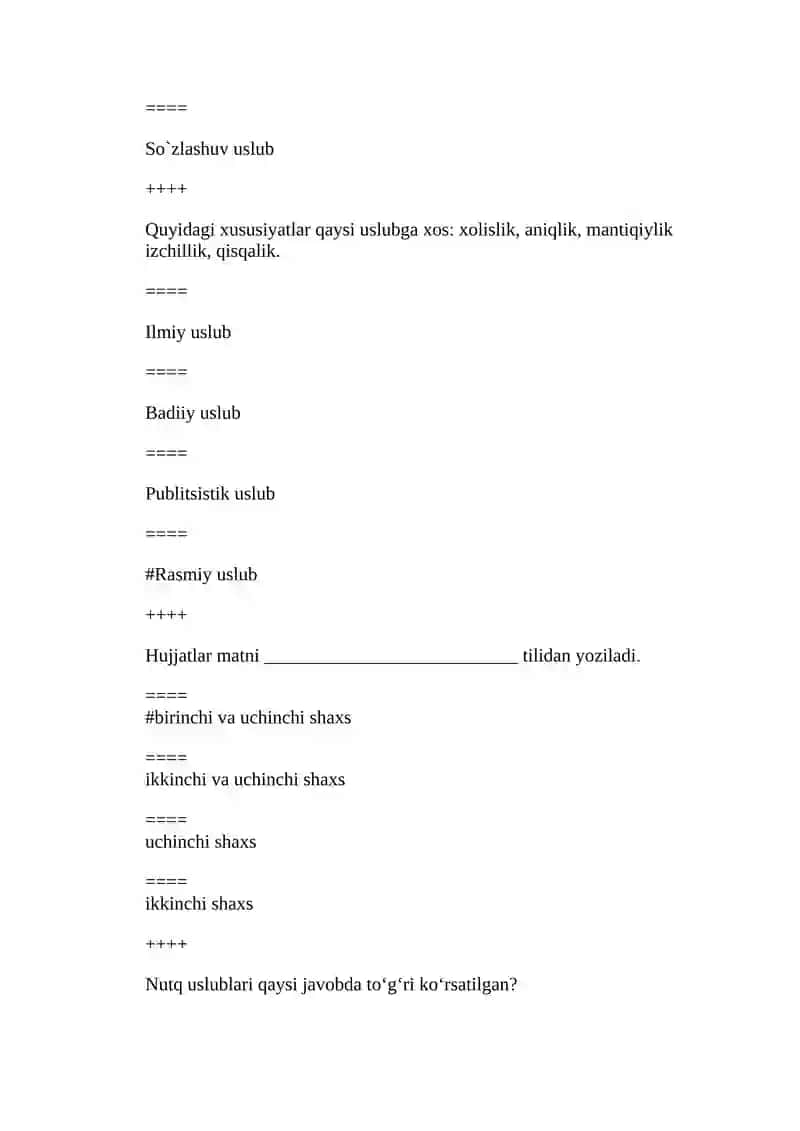 Davlat tilida ish yuritish fanidan test savollari 3