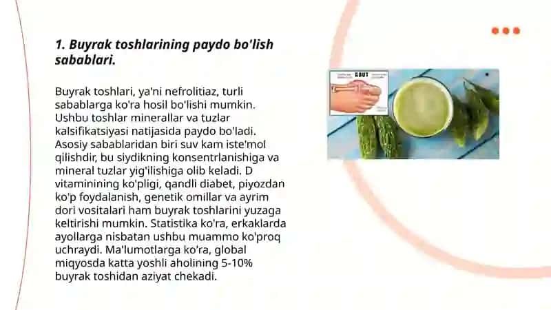 Buyreaklarda Urat toshlarining hosil bo'lishi, davolash yo'llari va oratsiduriya sabablari 3