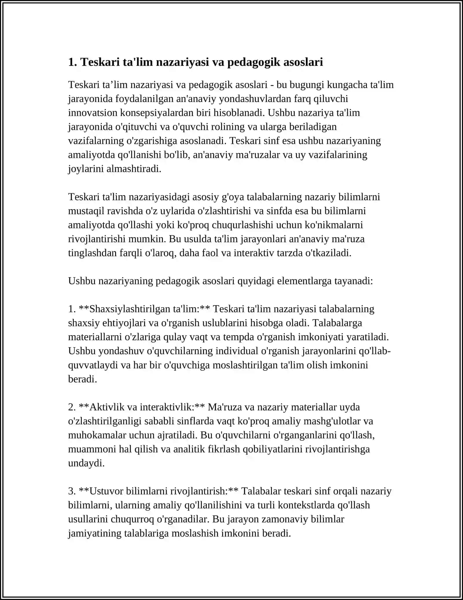 TESKARI TAʼLIM VA TESKARI SINF 3