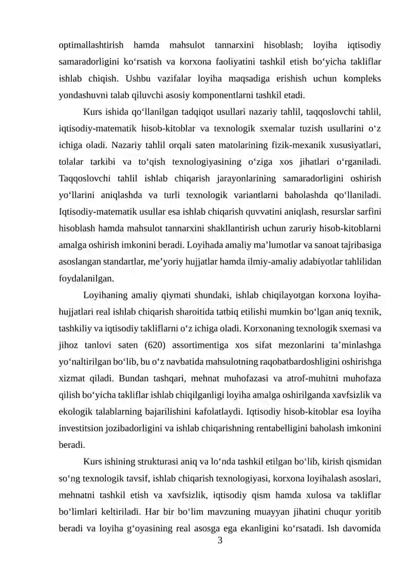 Satin (620) asartimentidagi to'qimachilik mahsuloti ishlab chiqarish korxonasini loyihalash 3
