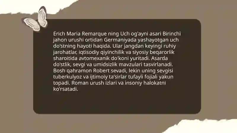 Erich Maria Remarque "Uch og'ayni" asari 3