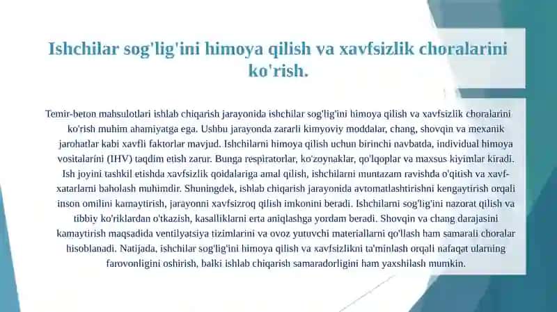 Temir - beton mahsulotlari ishlab chiqarish jarayonida hosil bo‘ladigan zararli faktorlar va ularni bartaraf etish yo‘llari 3