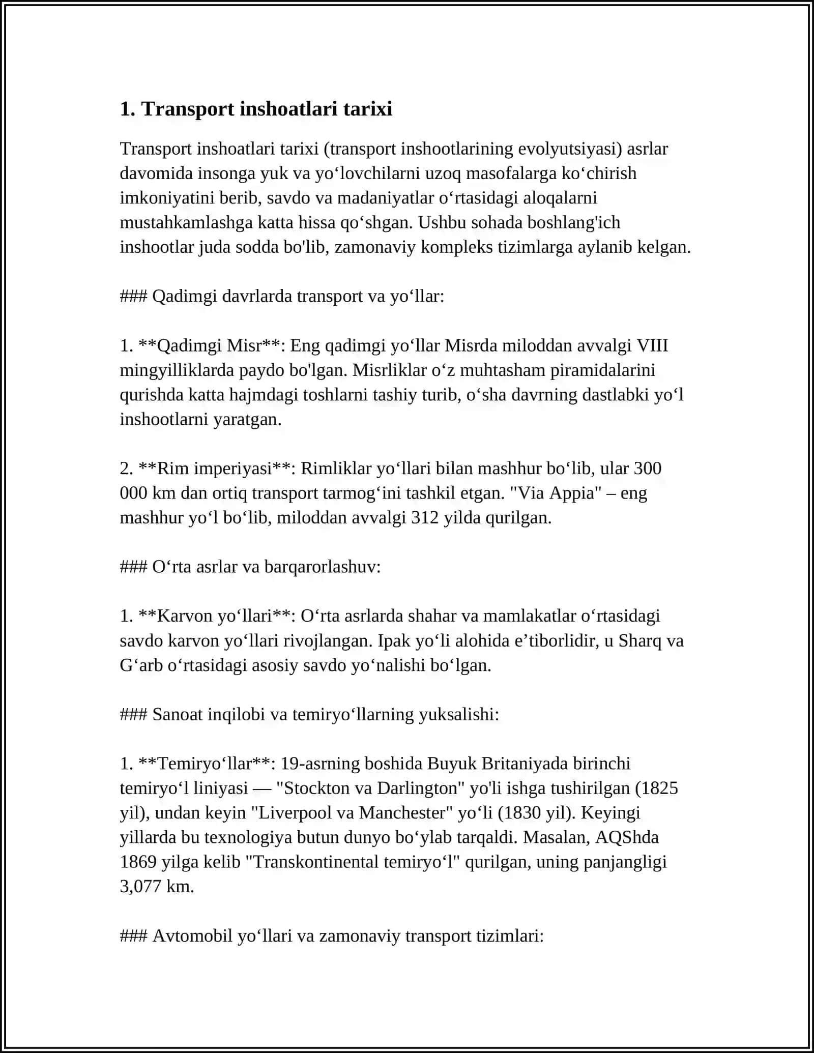 MUSTAQIL ISH Mavzu: TRANSPORT INSHOATLARI 3