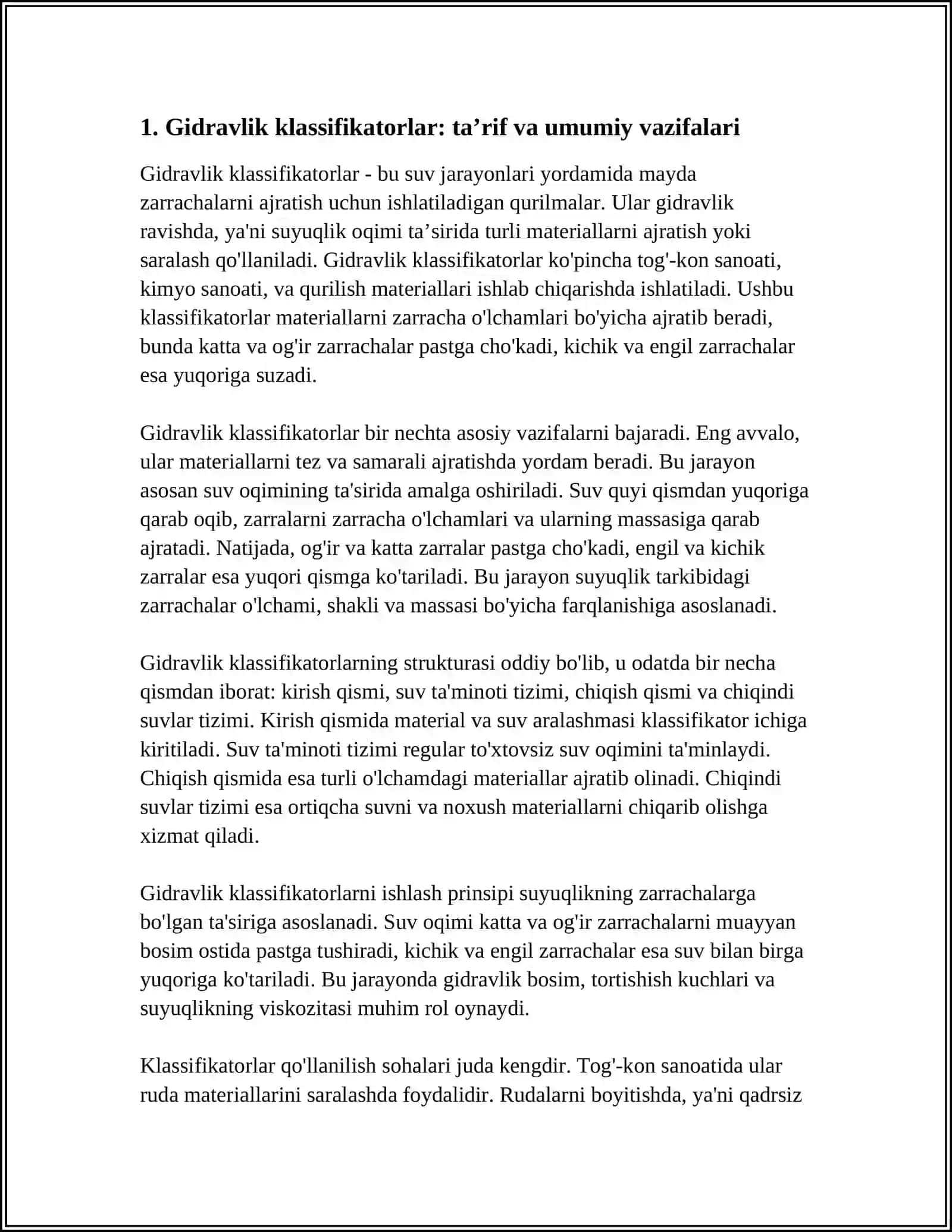 GIDRAVLIK KLASSIFIKATORLAR TURLARI, TUZILISHI ISHLASH PRINSIPI VA QOʻLLANILISHI SOHALARI 3
