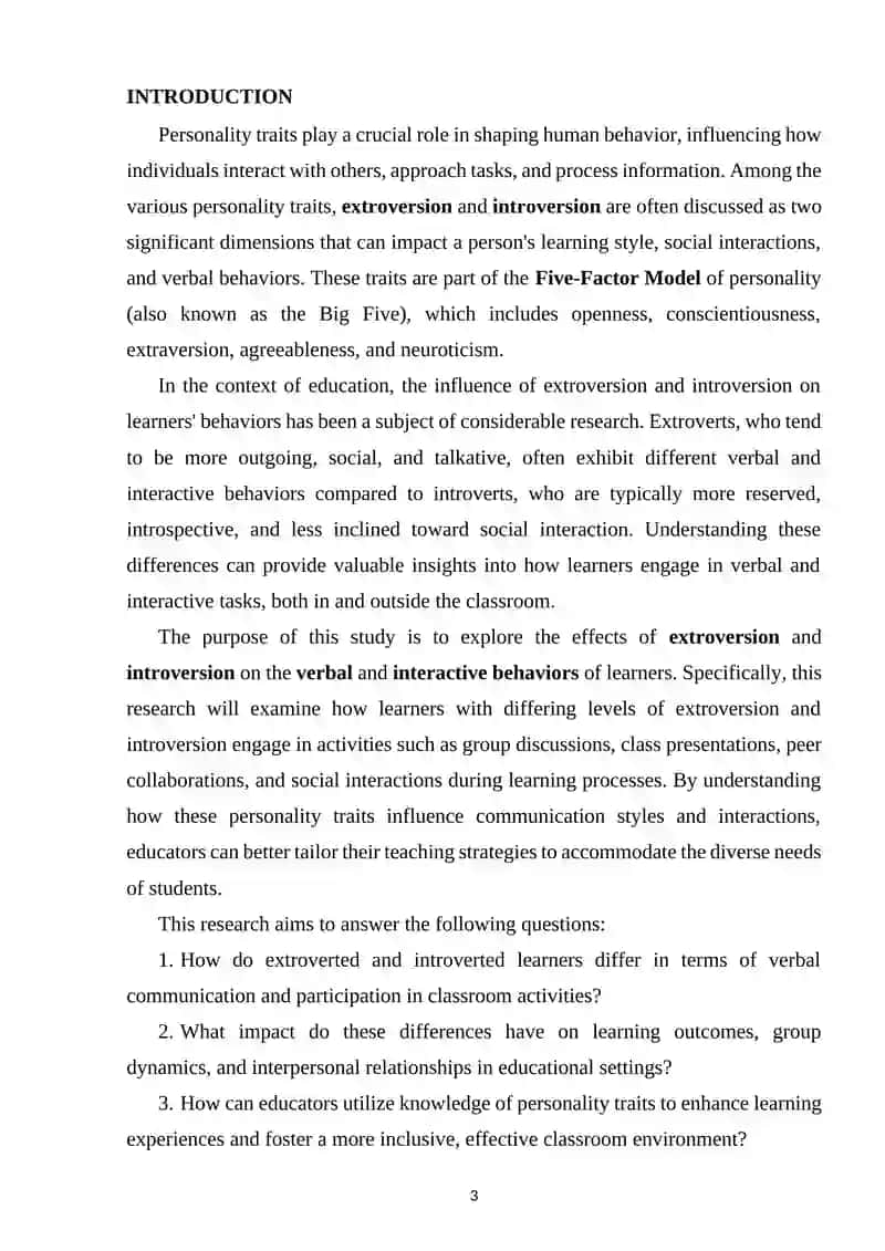 The Effect of Personality Traits Extroversion/Introversion on Verbal and Interactive Behaviors of Learners 3