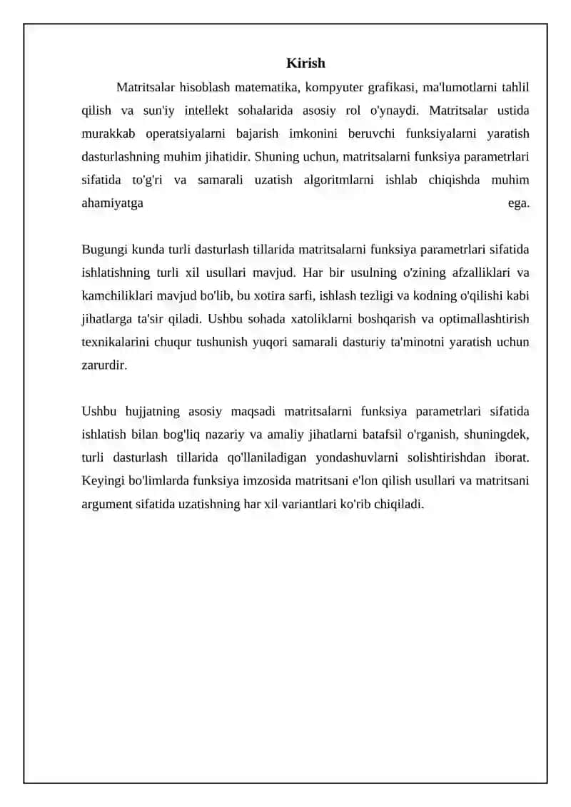 Matritsalarni funksiya parametrlari sifatida qo‘llanilishi 3