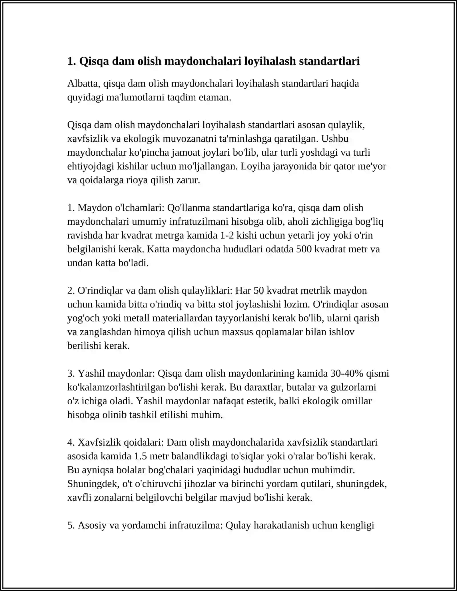 Qisqa Dam Olish Maydonchalari Loyihalash Standartlari 3