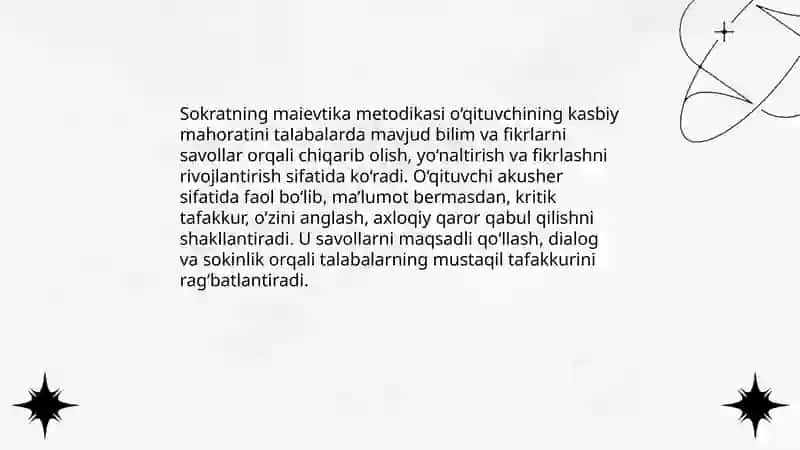 Eng qadimgi davrlardan eramizning 12-asrlarigacha o‘qituvchilik faoliyatidagi ijtimoiy qarashlar Yunon faylasuflari asarlarida o‘qituvchilarning kasbiy mahorati haqida g‘oyalar 3