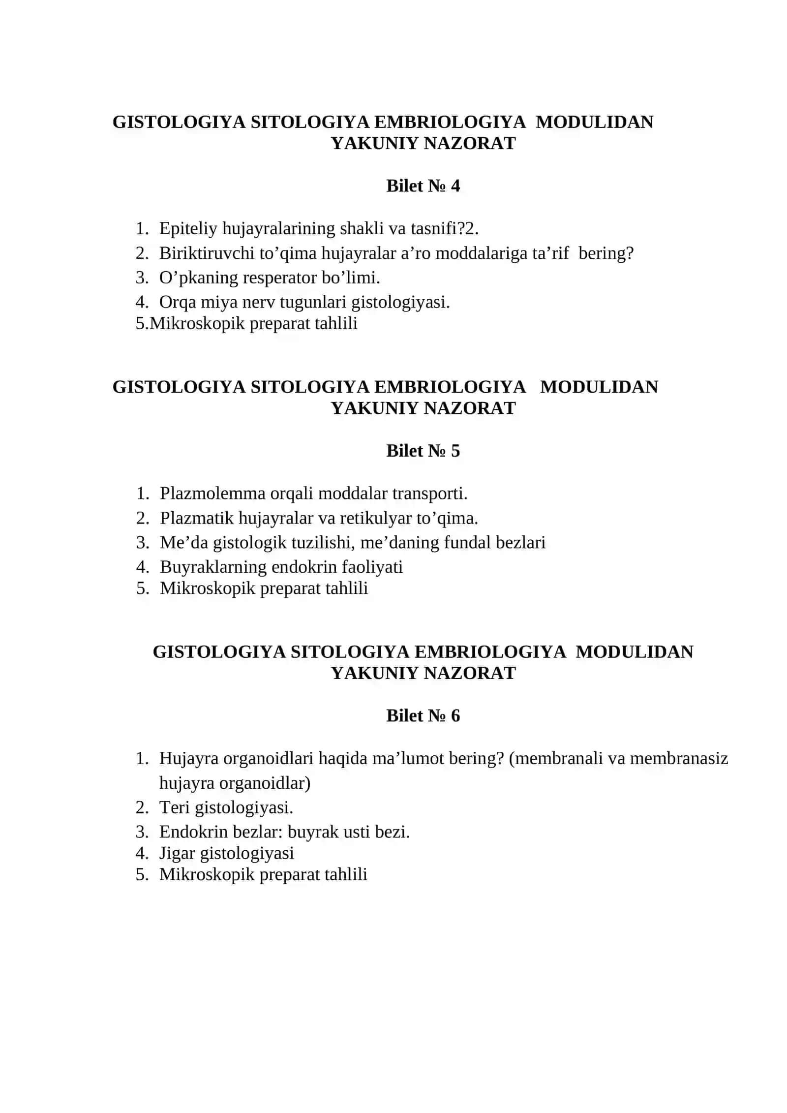 GISTOLOGIYA SITOLOGIYA EMBRIOLOGIYA MODULIDAN YAKUNIY NAZORAT 3