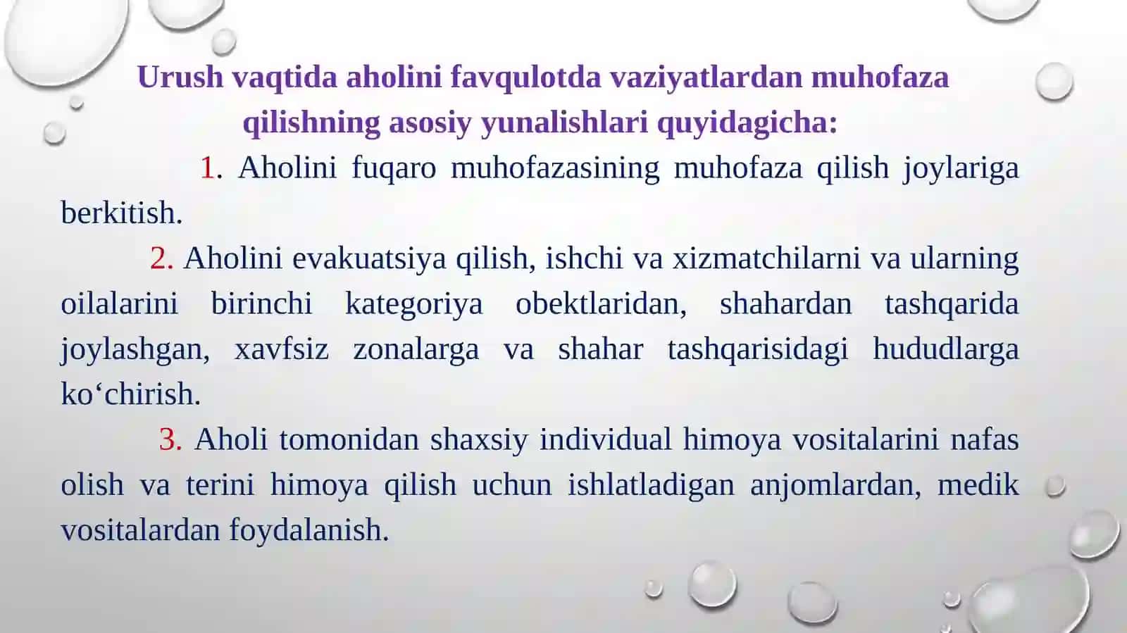 Favquloddavaziyatlar xavfi tug’ilganda va sodir bo’lganda aholiga xabar berish va ularni xavfli hududlardan xavfsiz hududlarga ko’chirishni (evakuatsiya qilishni) tashkillashtirish 3