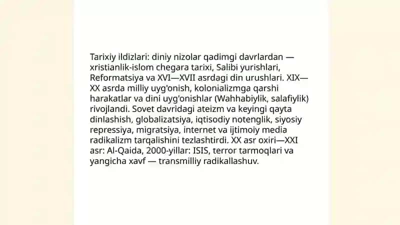 Diniy fanatizm ektrimizm fundamitalizm terrorizmning tarixi va ularning hozirgi davrda xavfsizlikka taqdidi 3