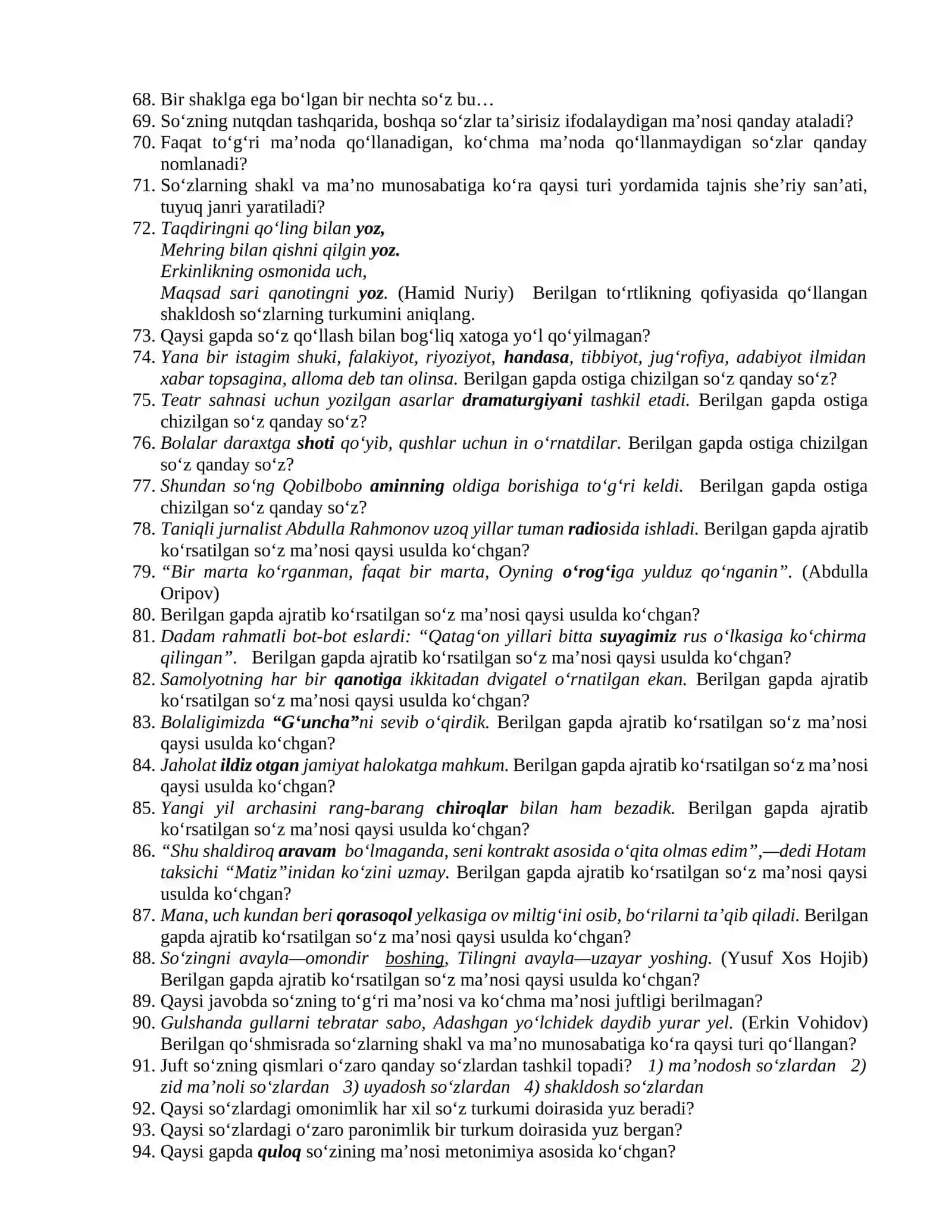 Tilshunoslik fanidan yakuniy nazorat TEST savollari 3