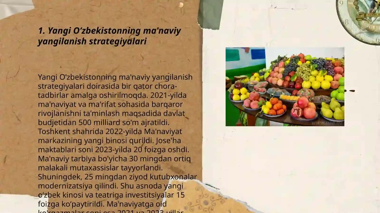 Yangi Oʻzbekistonda amalga oshirilayotgan ma'naviy o'zgarishlar va Mustaqillik yillarida qishloq xo'jaligi va sanoat sohasidagi o'zgarishlar 3