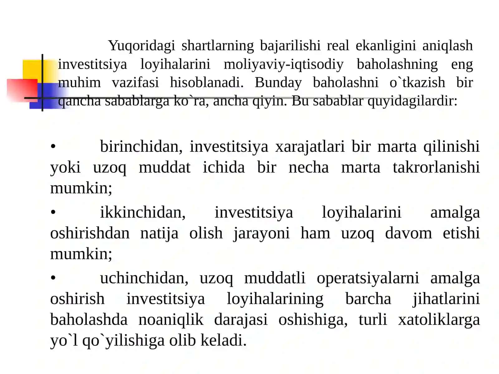 INVESTITSIYA LOYIHALARINI MOLIYAVIY- IQTISODIY BAHOLASHNING USLUBIY ASOSLARI (6-SOAT) 3