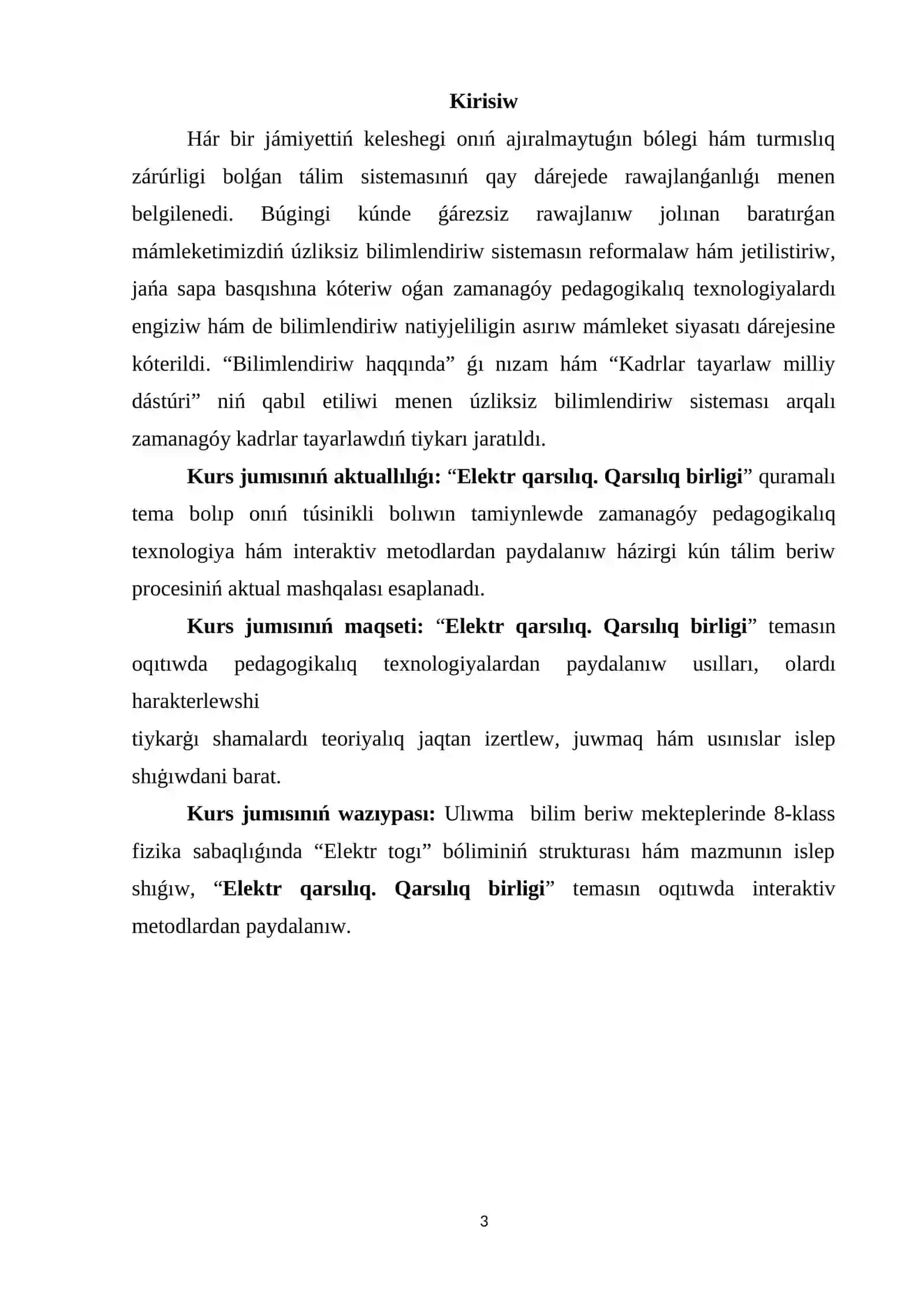 “Elektr qarsılıq. Qarsılıq birligi” temasın oqıtıw metodikası 3