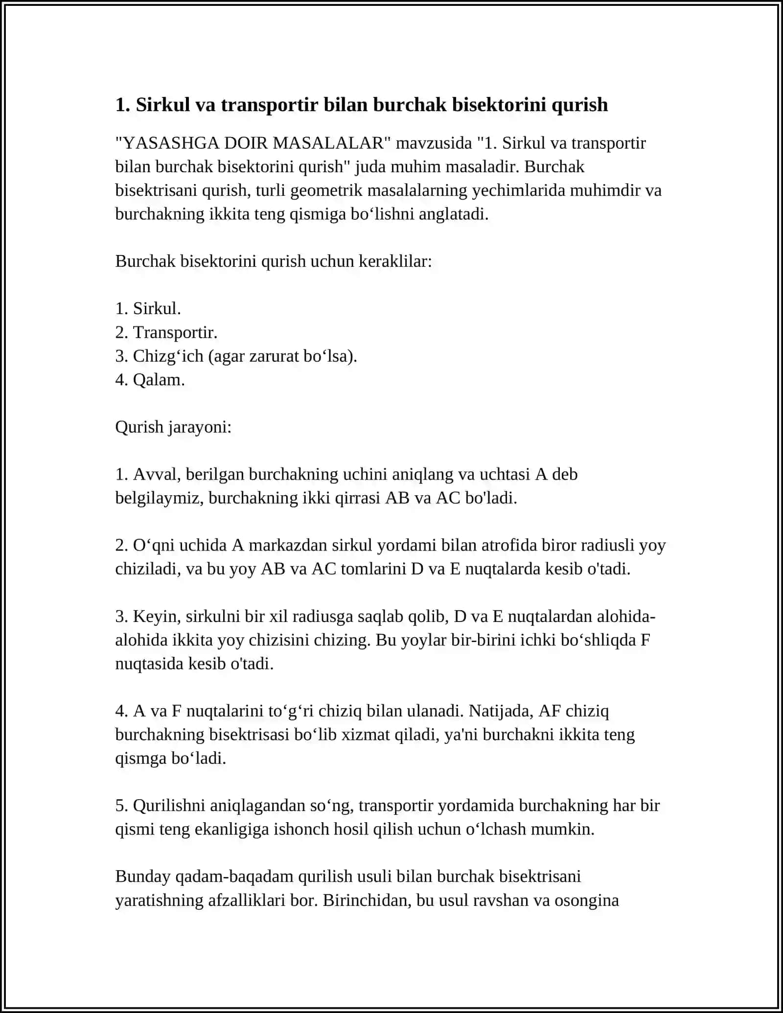 Sirkul va transportir bilan burchak bisektorini qurish 3