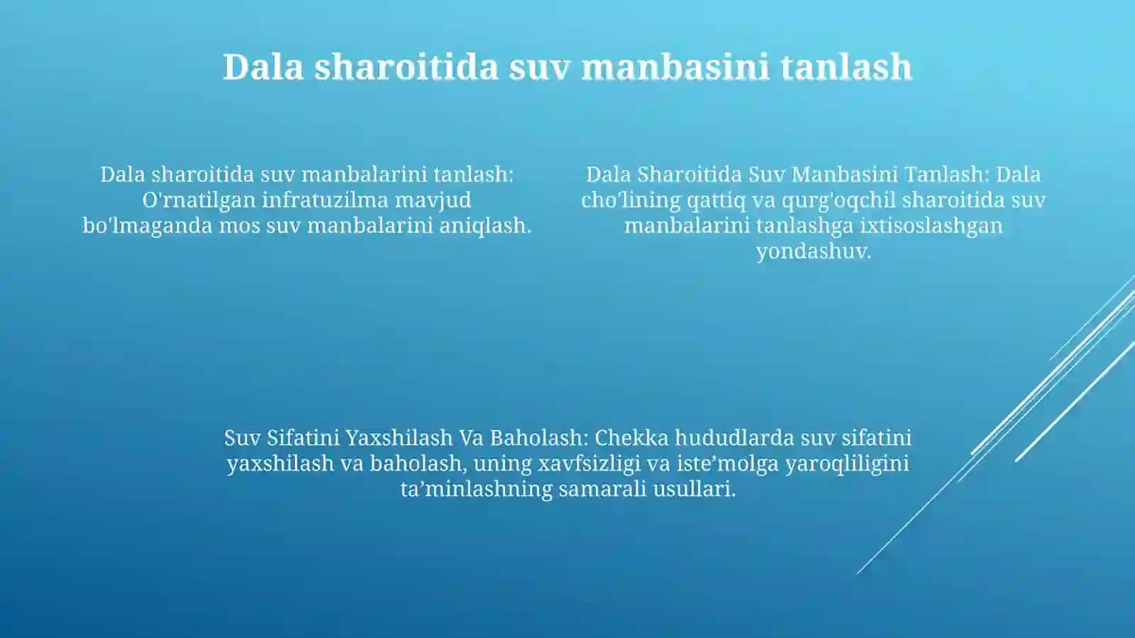 Dala Sharoitida Suv Manbasini Tanlash.Suv Manbasining Sanitariya Topagrafik Xususiyatlari Xaritasi.Suv Sifatini Yaxshilash Va Baholash 3