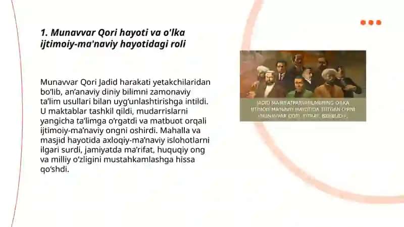 Jadid ma’rifatparvarlarining o‘lka ijtimoiy-ma’naviy hayotida tutgan o‘rni (Munavvar Qori, Fitrat, Behbudiy, Avloniy va boshq.). 3