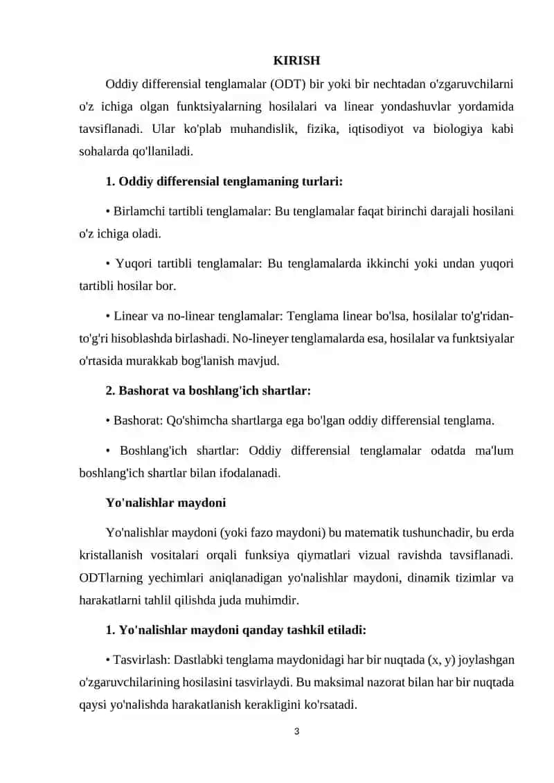 Oddiy differensial tenglamalar nazariyasining asosiy tushunchalari. Tekislikda va fazoda yo'nalishlar maydoni 3