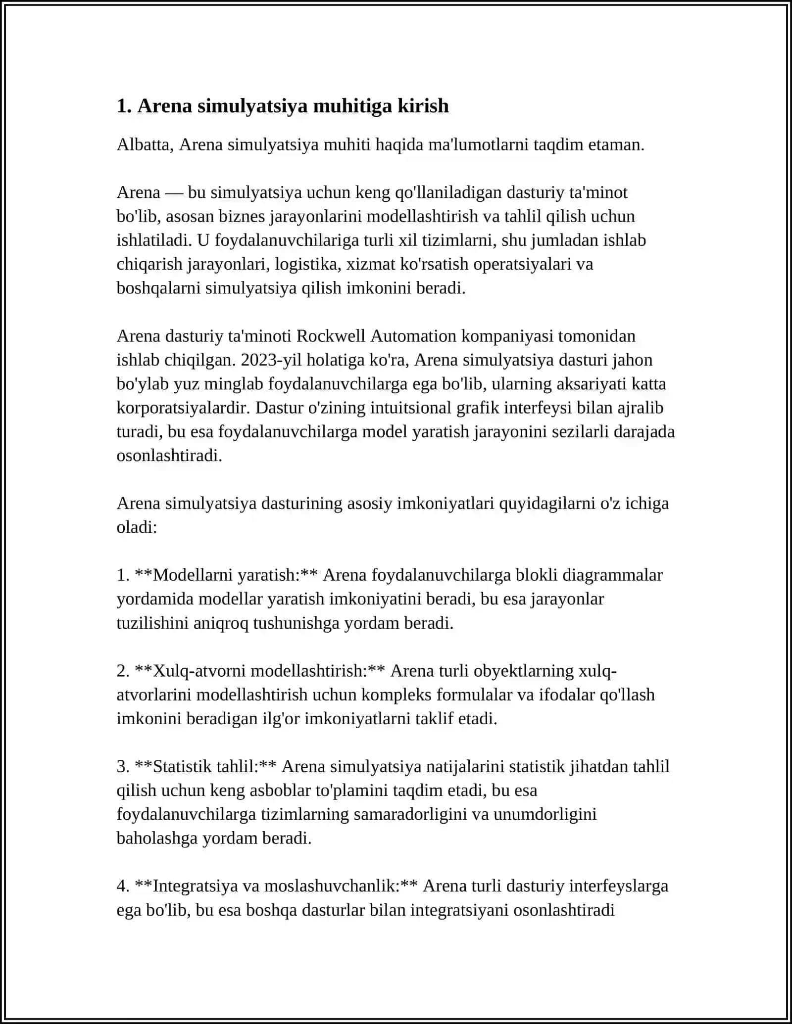 ARENA SIMULYATSIYA MUHITI HAQIDA TUSHUNCHA BERING 3