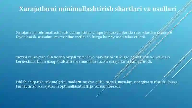 Xarajatlarni minimallashtirish shartlari va zararsizlik nuqtasini hisoblash usullari 3