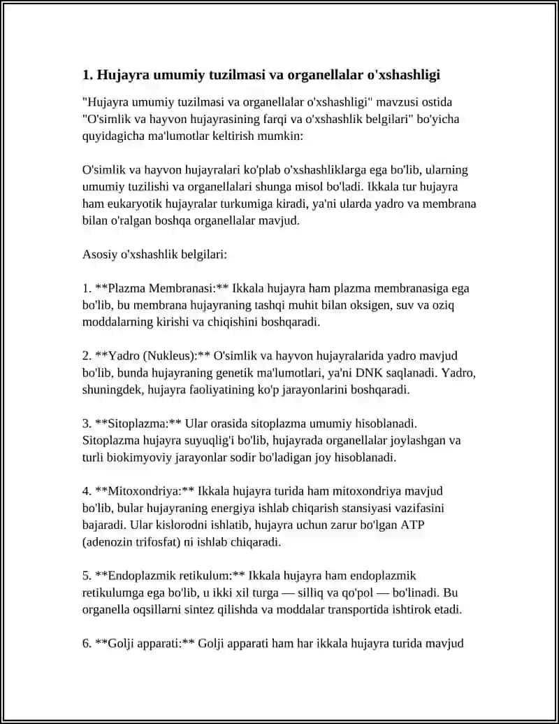 O'simlik va hayvon hujayrasining farqi va o'xshashlik belgilari 3