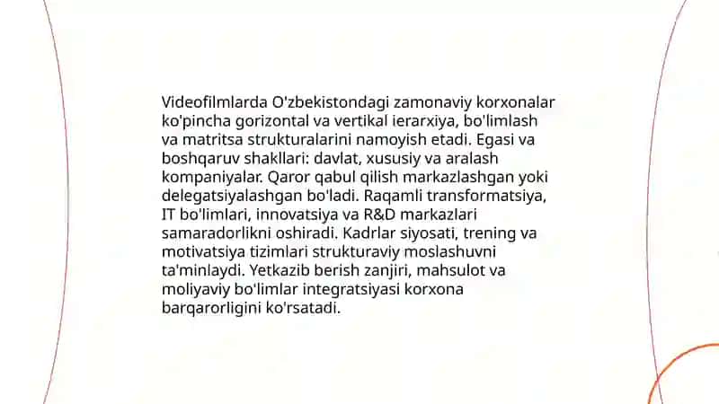 Òzbekistonda mavjud bòlgan zamonaviy korxonalar bòyicha videofilmlarni kòrish va tahlil etish 3