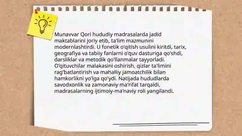 Jadid Ma'rifatparvarlarining őlka ijtimoiy-ma'naviy hayotida tutgan őrni( Munavvar Qori, Fitrat, Behbudiy, Avloniy va boshqalar) 3