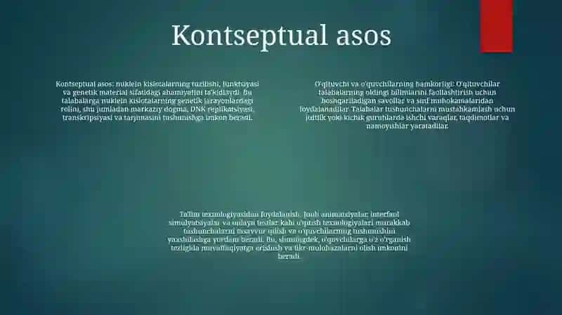 Nuklein Kislotalar Mavzusini Bo'Yicha O'Qituvchi Va O'Quvchi Hamkorligida O'Qitish Texnalogiyasidan Foydalanib Dars Ishlanmalarini Ishlab Chiqish 3