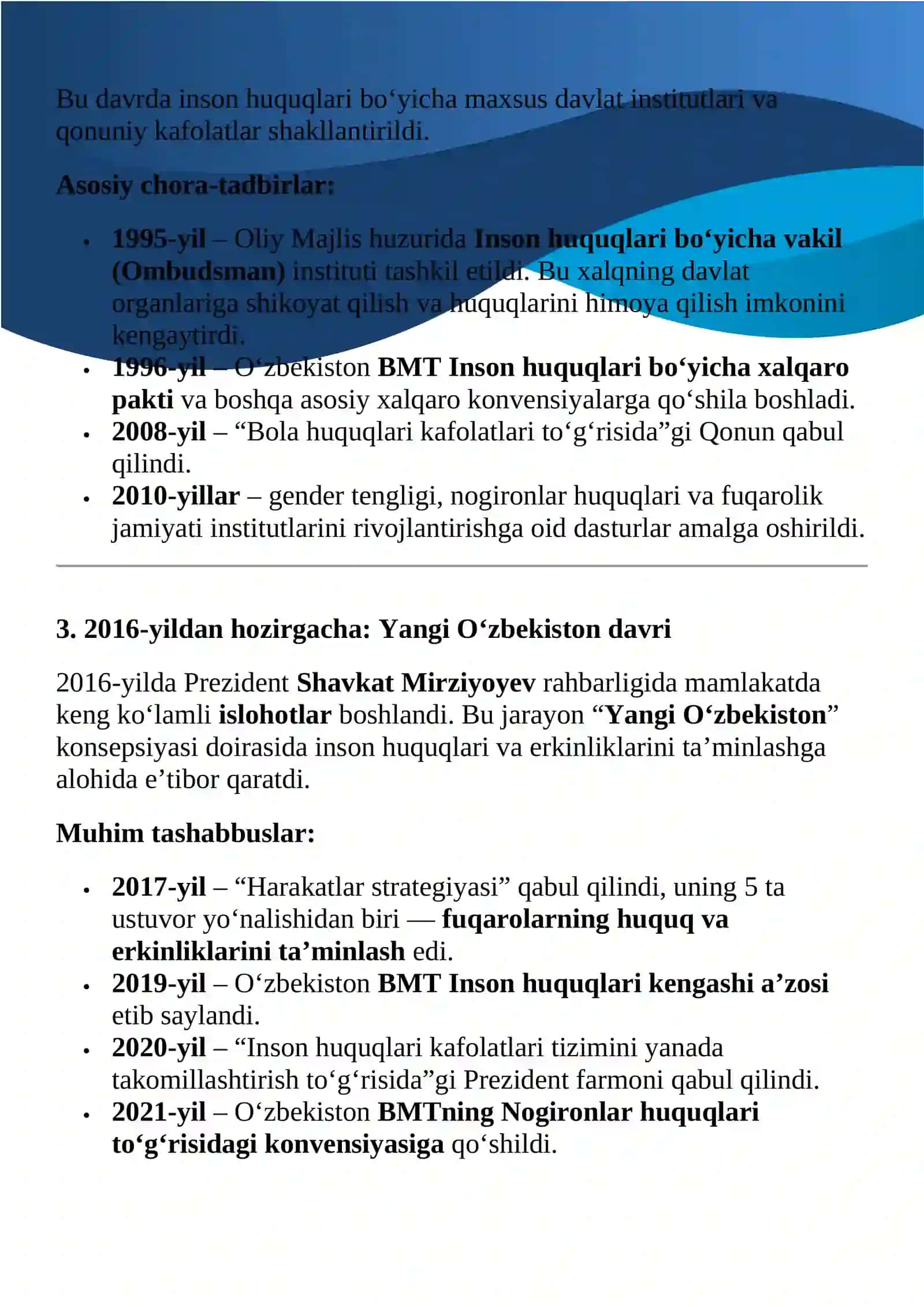 O’zbekistonning eng yangi tarixi fanidan yozgan topshirig’i 3