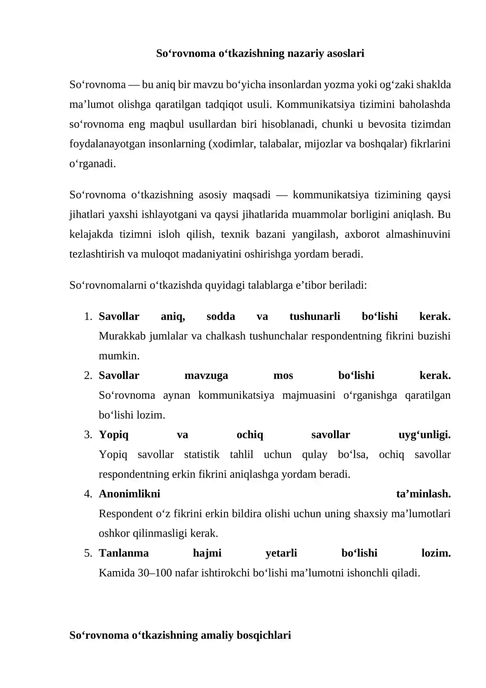 Kommunikatsiya majmuasini rivojlantirish bo‘yicha so‘rovnoma o‘tkazish va to‘plangan ma’lumotlar asosida ma’lumotnoma tayyorlash 3