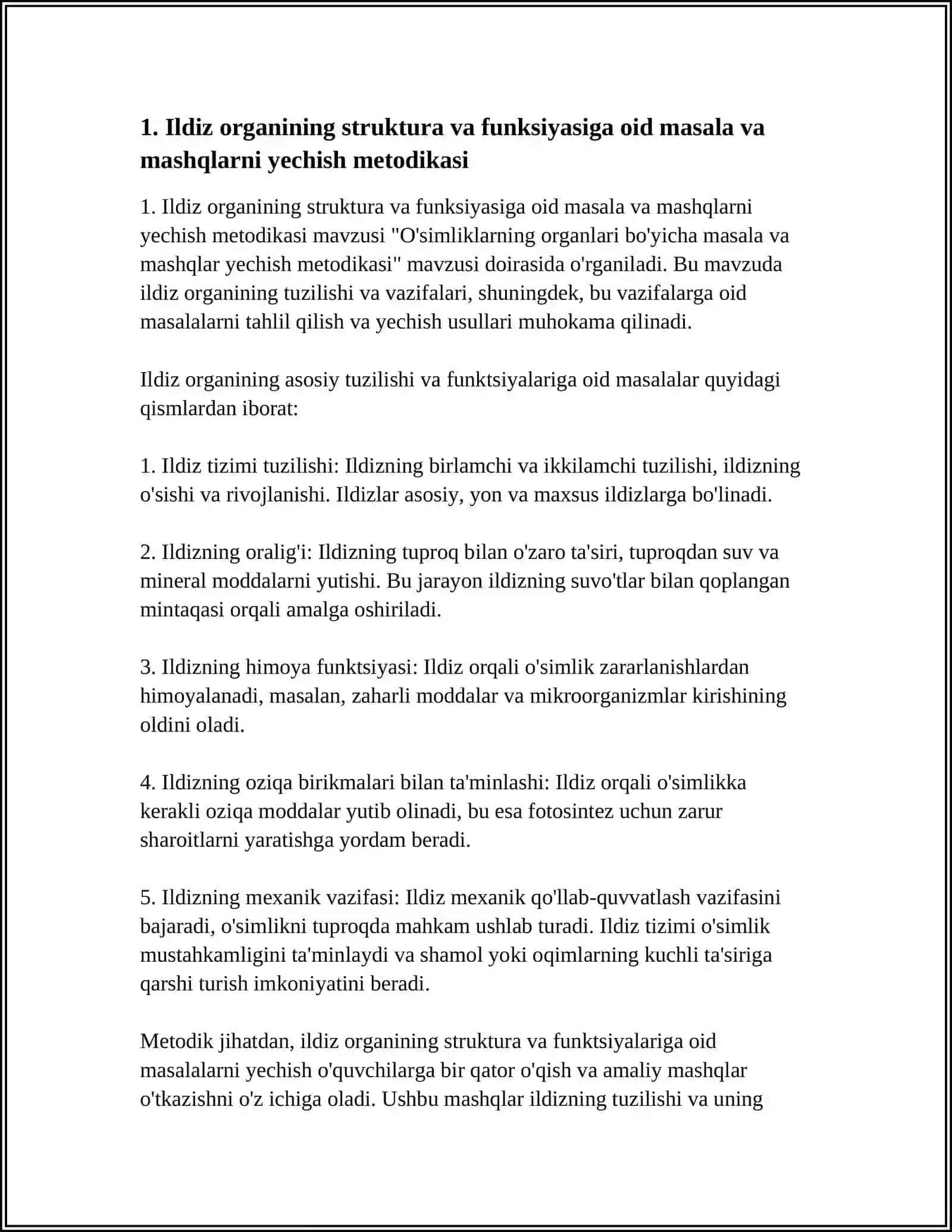 O'SIMLIKLARNING ORGANLARI BO'YICHA MASALA VA MASHQLAR YECHISH METODIKASI 3