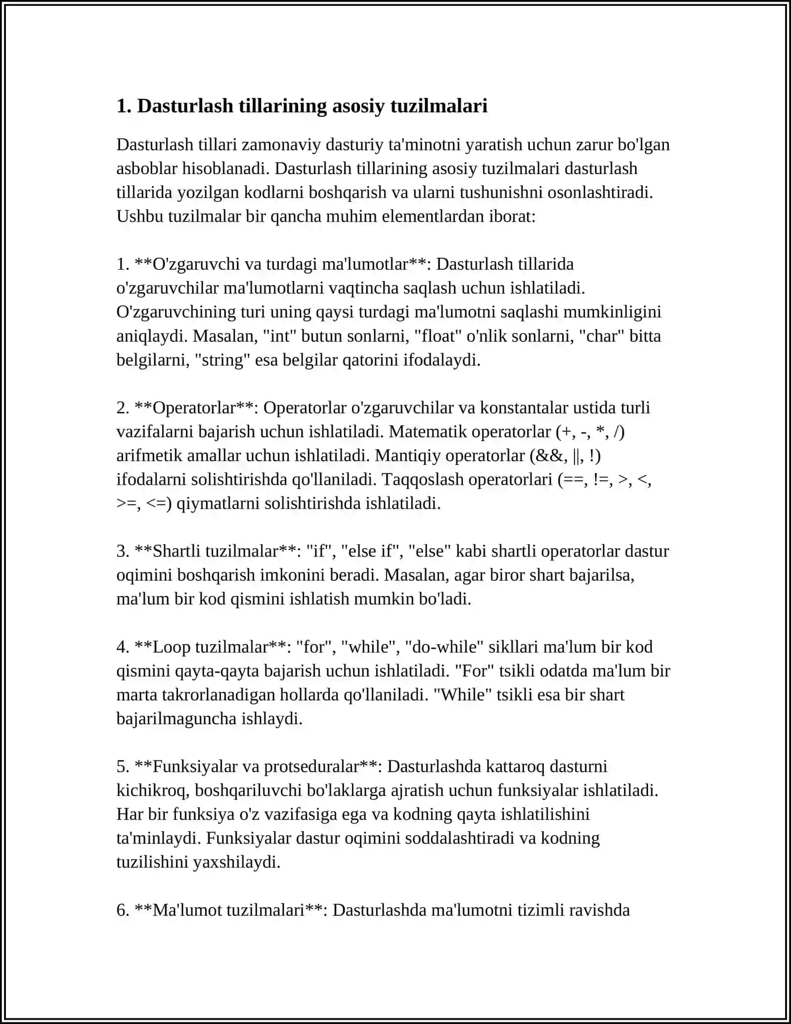 DASTURLASH TILLARINING TUZILMASI. MA’LUMOT TURLARI. KIRISH/CHIQISH FUNKSIYALARI. OPERATORLAR. CHIZIQLI ALGORITMLARNI TASHKIL QILISH 3